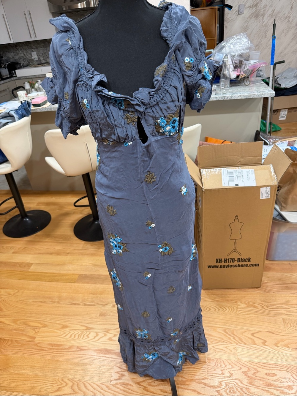 Vintage 100% Silk Embroidered Maxi Dress Indigo Blue Floral Size XL $268 Women’s